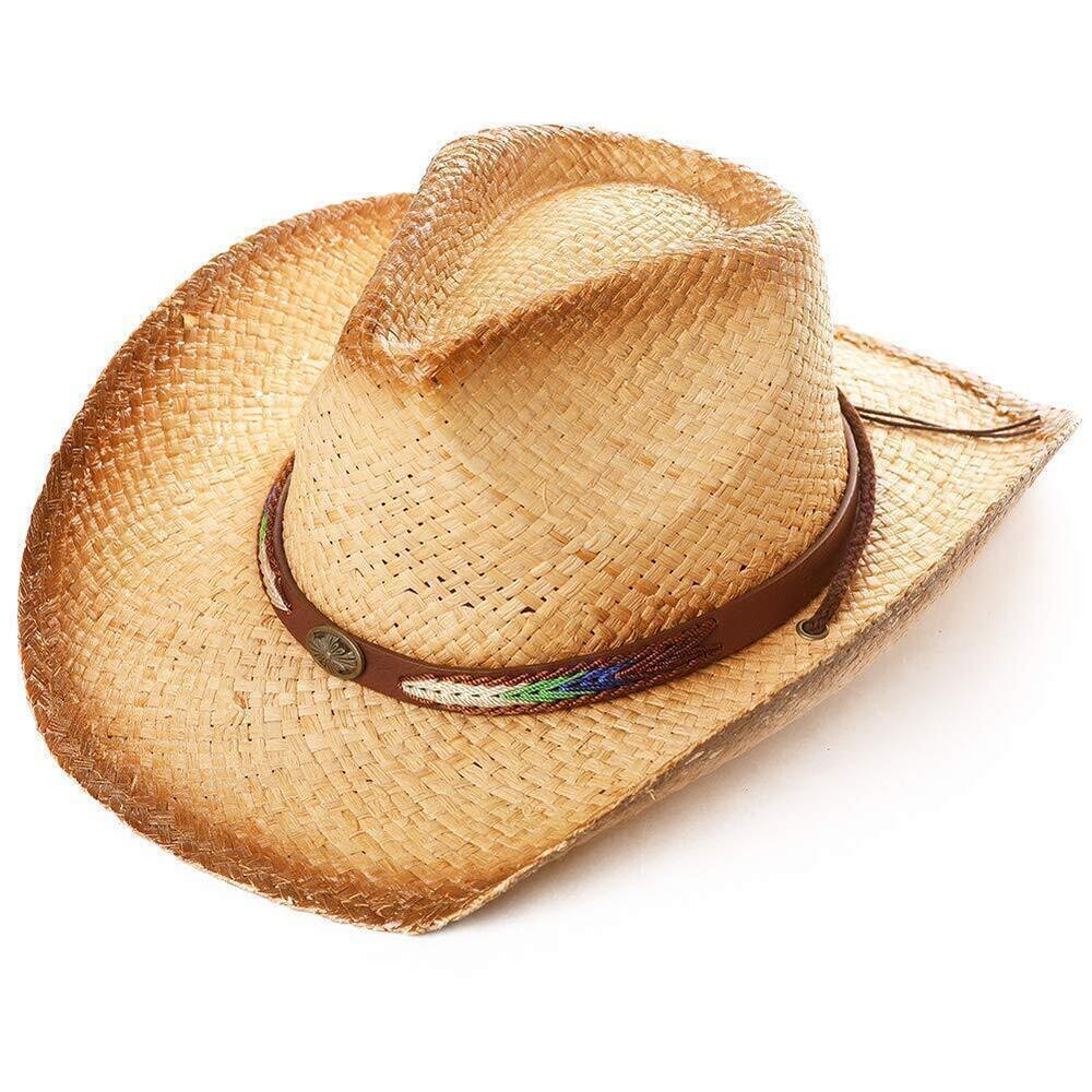 4653 Western Style Round Cowboy Straw Hat Fedora Chin Cord Vegan Leather